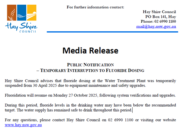 Temporary Interruption to Fluoride Dosing